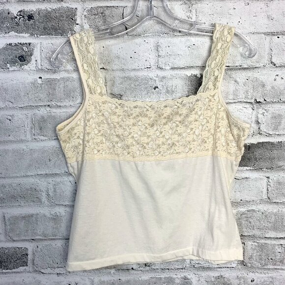 Vintage 90s Y2K Ivory Cotton Sheer Lace Square Neck Crop Tank Top Camisole - Picture 1 of 10